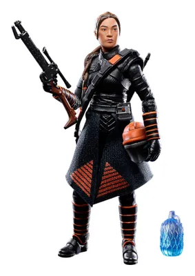 A Star Wars Fennec Shand action figure standing with a rifle and helmet.