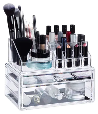 Produktbild von Kosmetik-Organizer mit 2 Schubladen, Fächern für Lippenstift und Nagellack, Kosmetikablage, Acryl, transparent, Ständer