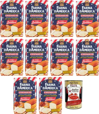 Produktbild von 10x Molino Spadoni Farina Mehl Typ 0 vom amerikanischen Typ Manitoba,Ideal für Brot, Pizza, Focaccia, Kuchen, Kekse und Desserts,1Kg + Italian Gourmet Polpa di Pomodoro 400g Dose