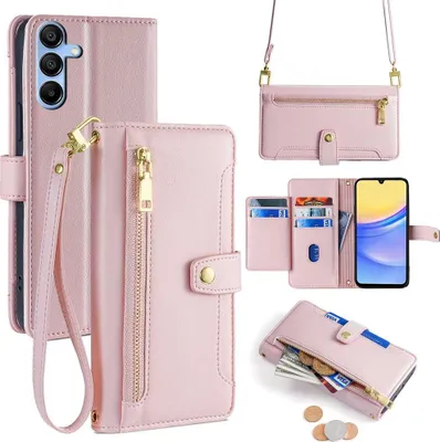 Produktbild von Handykette Samsung Hülle mit Band Handyhülle Kartenfächer Kunstleder Umhängetasche Galaxy A15 Rosa