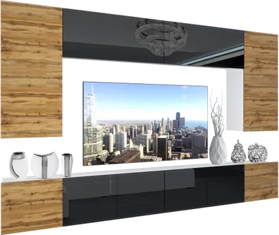 Immagine prodotto di BELINI Set di pareti attrezzate per il soggiorno Parete attrezzata moderna con illuminazione a LED Bianco lucido Parete attrezzata mobile TV Rovere Wotan / nero lucido/opaco
