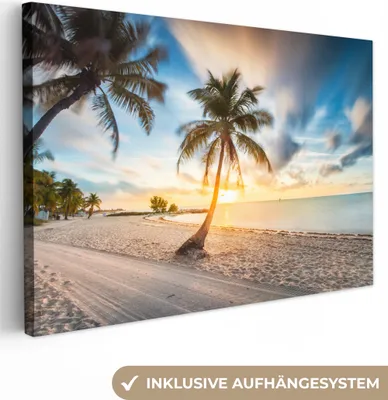 Produktbild von MuchoWow® - Leinwandbilder - Sonnenuntergang - Strand - Palme, Wandbild, Wanddeko Bilder Wohnzimmer, 120x80cm
