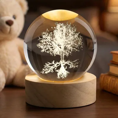 Productafbeelding van 3D Kristallen Bol, Decoratieve Glazen Bol met Houten Voet en Verlichting