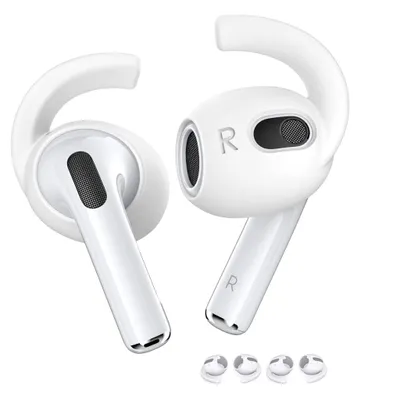 A pair of white earbuds with white ear hooks and four small white ear tips.