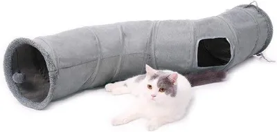 Immagine prodotto di Giocattolo pieghevole a forma di tunnel per gatti, grande, in pelle scamosciata, con 2 fori e pallina da appendere