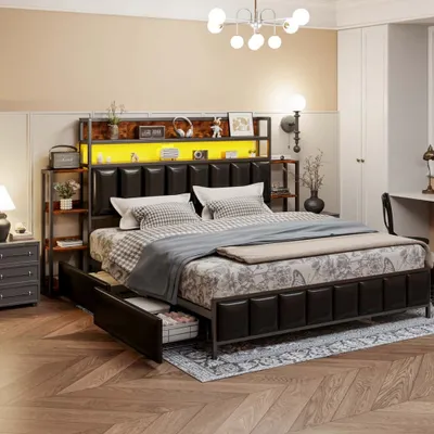 Obrázek produktu pro Čalouněná postel AIORBER, 160x200 cm, čtyři prostorné zásuvky, velký úložný prostor, s LED osvětlením, rám postele z masivního železa, manželská postel, černá barva
