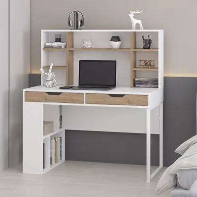 Produktbild von Skye Decor, Hochwertiger Schreibtisch (3 Teile) - 100% Melamin, Weiß/Walnuss, 120 cm
