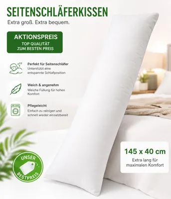 Produktbild von Seitenschläferkissen 145 x 40 cm – großes Körperkissen mit weicher Füllung – Schlafkissen & Lagerungskissen, KI-generiertes Bild