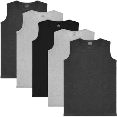 Produktbild von BRUBAKER 5er Pack Herren Muskelshirt Tank Top Unterhemd - Rundhals Ausschnitt - aus hochwertiger Baumwolle (glatt) - Extra Lang - Nahtlos - 1x Schwarz, 2X Anthrazit, 2X Hellgrau - Größe S