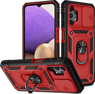 Produktbild von Galaxy A32 5G Hülle, Schiebe Kamera Schutz Robust Rüstung Stoßfest Schutzhülle mit Ringhalterung Ständer Kartenhalter für Samsung Galaxy A32 5G Rosa