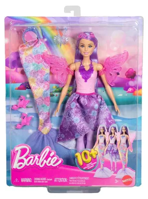 Produktbild von Mattel JCP74 - Barbie - 3-in-1 Puppen-Set: Meerjungfrau-, Feen- & Prinzesinnen-Looks, 8 teiliges Outfit-Set