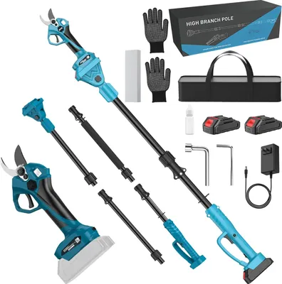 Immagine prodotto di Cesoie per rami a batteria, senza spazzole, diametro di taglio 40 mm, asta di prolunga 2 m, per Makita 18V, con 2 batterie, arancione/nero