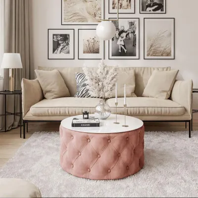 Produktbild von CHESTERFIELD 70 cm runder gepolsterter Couchtisch, Jasmine 61 + Weiß