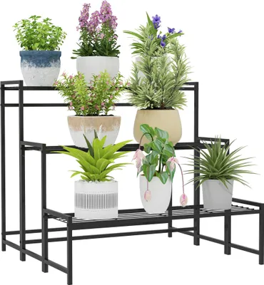 Produktbild von Pflanzenständer / Blumenregal - Leitermodell mit 3 Ebenen - Metall - Pulverbeschichtet - Für Innen & Außen - Bodenstehend - Schwarz