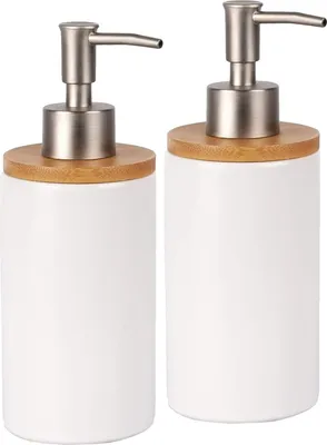 Produktbild von Set von 2 keramischen Seifenspendern 500 ml mit Metallpumpe für Duschgel und Geschirrspülmittel - Flüssigkeitsdispenser für Küche und Badezimmer (weiß)