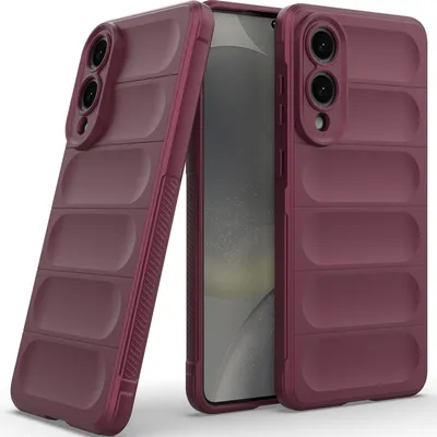 Two burgundy phone cases are shown in a studio setting against a white background. One case is shown from the side, and the other is shown from the front with a phone inside.
