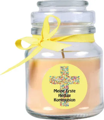 Produktbild von Duftkerze im Bonbonglas zur Kommunion, Duft: Vanille ( Gelb ), 120g - Brenndauer bis zu 30 Stunden