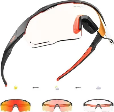 Produktbild von Famanu Photochrome Fahrradbrille für Damen und Herren - MTB - transparent - rot - schwarz