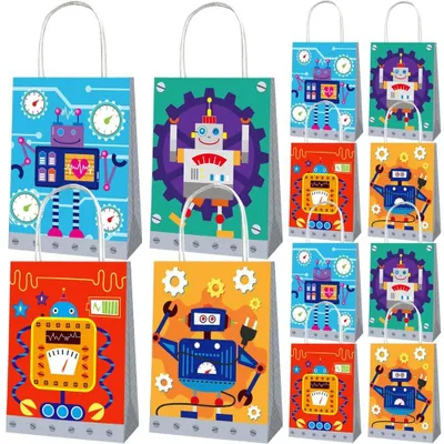 Productafbeelding van Papieren Geschenkzakjes met Robotthema, Set van 12