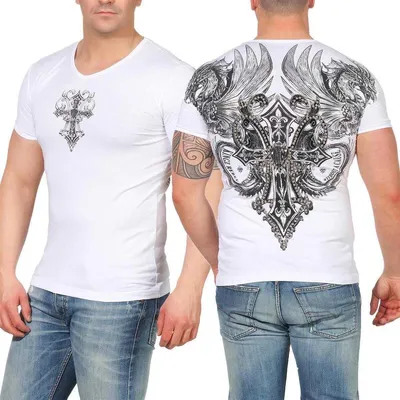 Produktbild von HerrenT-Shirt Kingz Muster Slim Fit Sommer Baumwolle Stickerei Tatoo; Weiß-Silber XL