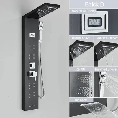 Productafbeelding van Douchepaneel - Zwarte Douchezuil - Waterval & Regendouche - LED Display - Massagejets & Temperatuurweergave