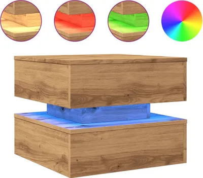 A wooden coffee table with LED lighting.