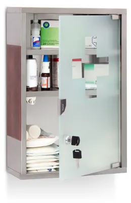 Produktbild von Relaxdays Medizinschrank EMERGENCY, Edelstahl & Holz-Optik, HBT:45x30x12cm, 3 Fächer, Glas-Tür abschließbar,silber/braun