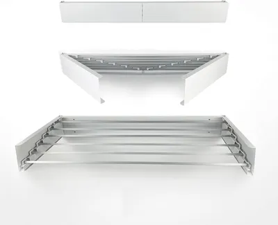 Three different configurations of a wall-mounted drying rack are displayed against a white background.