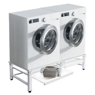 Zdjęcie produktu dla Metalowy cokół pralki z wysuwaną półką Podwójna rama nośna 124x58,5x32 cm do 2x150 kg z antypoślizgowymi gumowymi nóżkami Rama nośna pralki