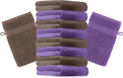 Produktbild von Betz 10 Stück Waschhandschuhe 16x21 cm PREMIUM 100% Baumwolle Farbe: lila und nussbraun