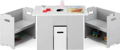 Produktbild von Kindertisch mit 2 Stühlen, 4-in-1 Kindertisch mit Stauraum, Kinder Tisch Stuhl Set, 3 TLG. Kindersitzgruppe aus Holz für Kinder ab 3 Jahren, Grau + Weiß