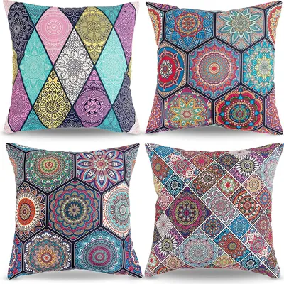 Produktbild von 4er Set Dekorative Kissenbezüge Sofa Kissen Boho Leinen Kissenbezug Zierkissen Mit Füllung Mandala Deko,45 x 45 cm
