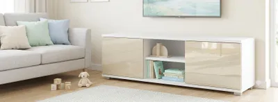 Obrázek produktu pro Televizní skříňka 120 cm, bílá lesklá, skříňka pod televizi s dvířky, moderní televizní nábytek do obývacího pokoje