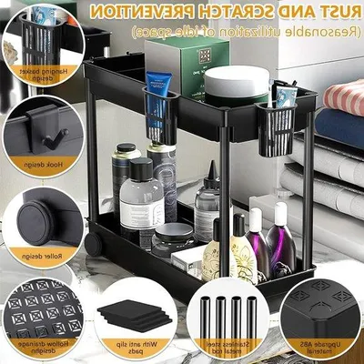Image de Organisateur de cuisine rainuré - Organisateur pour évier à 2 niveaux - 8 crochets et 4 pots suspendus - Organisateur pour meuble bas