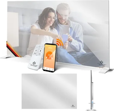 A collage of images showing a modern infrared heater with a mirror finish, a remote control, a smartphone app interface, and a couple interacting with the technology.