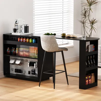 Produktbild von Schwarzer Bartisch ausziehbar 360° drehbar, Sideboard mit Stauraum, LED, Lochbrett & Steckdosen für Küche oder Esszimmer
