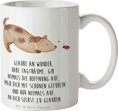 Produktbild von Mr. & Mrs. Panda Kaffeetasse Hund Marienkäfer - Weiß - Geschenk, Kaffeebecher, Frühstücksbecher, Tasse, Becher, Zuversichtlich, Mischlinghund, Hunde, Sprüche, Pott