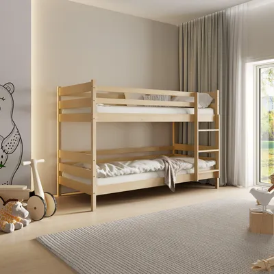 Produktbild von Masseno Etagenbett SIMBA 80x160 cm mit Rausfallschutz, Kinderbett mit Leiter für Mädchen und Jungs, Stockbett 2 Kinder, Kiefernholz