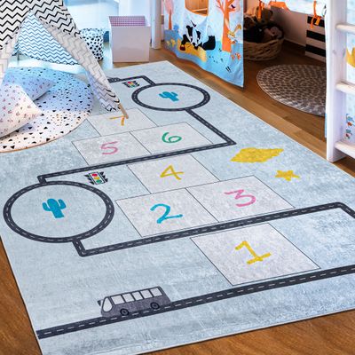 Mazovia Teppich - Kinderteppich Hüpfspiel - Kinderzimmer - Weicher, Rutschfester Kinderzimmer-Teppich - Maschinenwaschbar - Blau - 80x150 cm