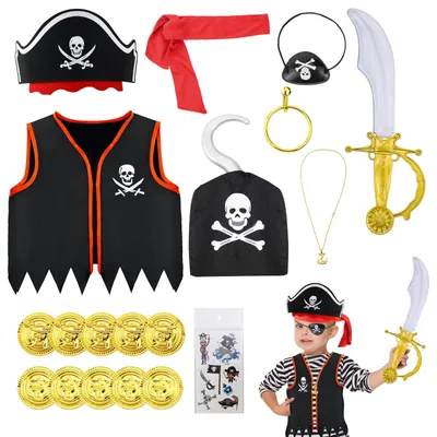 Imagen del producto de Disfraz de pirata para niños, con 18 piezas, que incluye un gorro de pirata, ideal para el carnaval