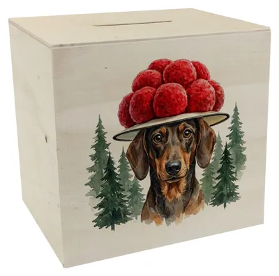 Produktbild von Dackel mit Bollenhut Spardose aus Holz Schwarzwald Motiv
