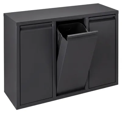 Immagine prodotto di Contenitore per rifiuti Relaxdays, con 3 scomparti, capacità 3 x 10 litri, apribile, con contenitori interni removibili, in metallo, da utilizzare a terra o da fissare a parete, colore nero, Immagine generata dall'IA
