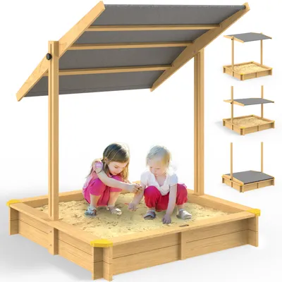Produktbild von SPIELWERK® Sandkasten Fritzi Sonnendach 140x140x120cm Naturholz Fichtenholz UV-Schutz Sandbox UV50+ Kantenschutz Bodenvlies Sandspielzeug Kinder