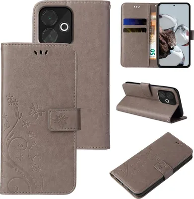 Produktbild von Handyhülle für Xiaomi Redmi 13 Floral Blumen Schmetterling Flip Cover Hülle Case Klapphülle Handytasche Farbe: Grau