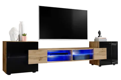 Obrázek produktu pro Extreme Furniture Bridge Tv Skříňka | Skříňka Do Obývacího Pokoje Se 2 Skleněnými Policemi A 2 Dvířky Wotan Carcase & Black Fronts