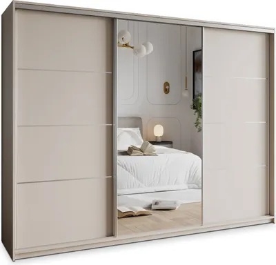 Produktbild von Masseno Schiebetürenschrank VARO 270/205/60 cm Kleiderschrank mit Schubladen Schlafzimmer Schrank 3-türig mit Spiegel Kaschmir + Satin