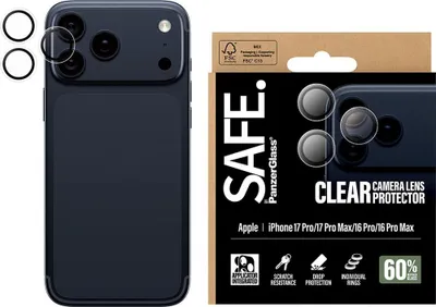 Produktbild von PanzerGlass SAFE. by ® Kameraschutz Transparent iPhone 17 Pro | iPhone 17 Pro Max | iPhone 16 Pro | 16 Pro Max, Apple, Apple - iPhone 17 Pro, Apple - iPhone 17 Pro Max, Apple - iPhone 16 Pro, Apple - iPhone 16 Pro Max, Trockene Anwendung, Kratzresistent, Schockresistent, Transparent, 1 Stück(e)