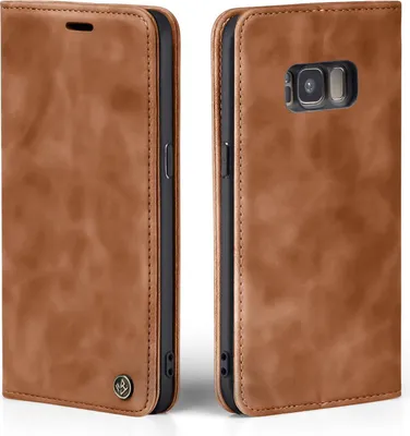 Two views of a brown leather flip case for a smartphone.