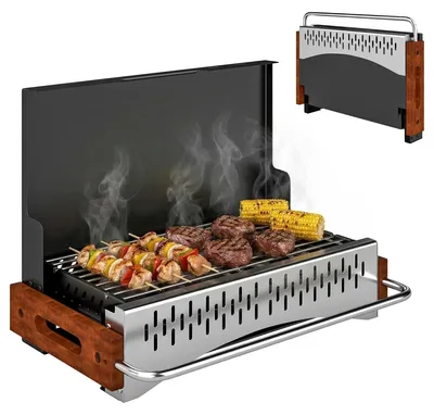 Image de Barbecue portable au charbon de bois - Grill pliable pour le camping - 50,5 x 34 x 33 cm - Bac à charbon amovible - Idéal pour le camping, les pique-niques, les fêtes en jardin - Noir