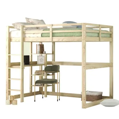 Produktbild von Hochbett, 140x200 cm, Doppelbett mit Lattenrost, Leiter, Schreibtisch und Regalen, Holzbett aus Kiefer